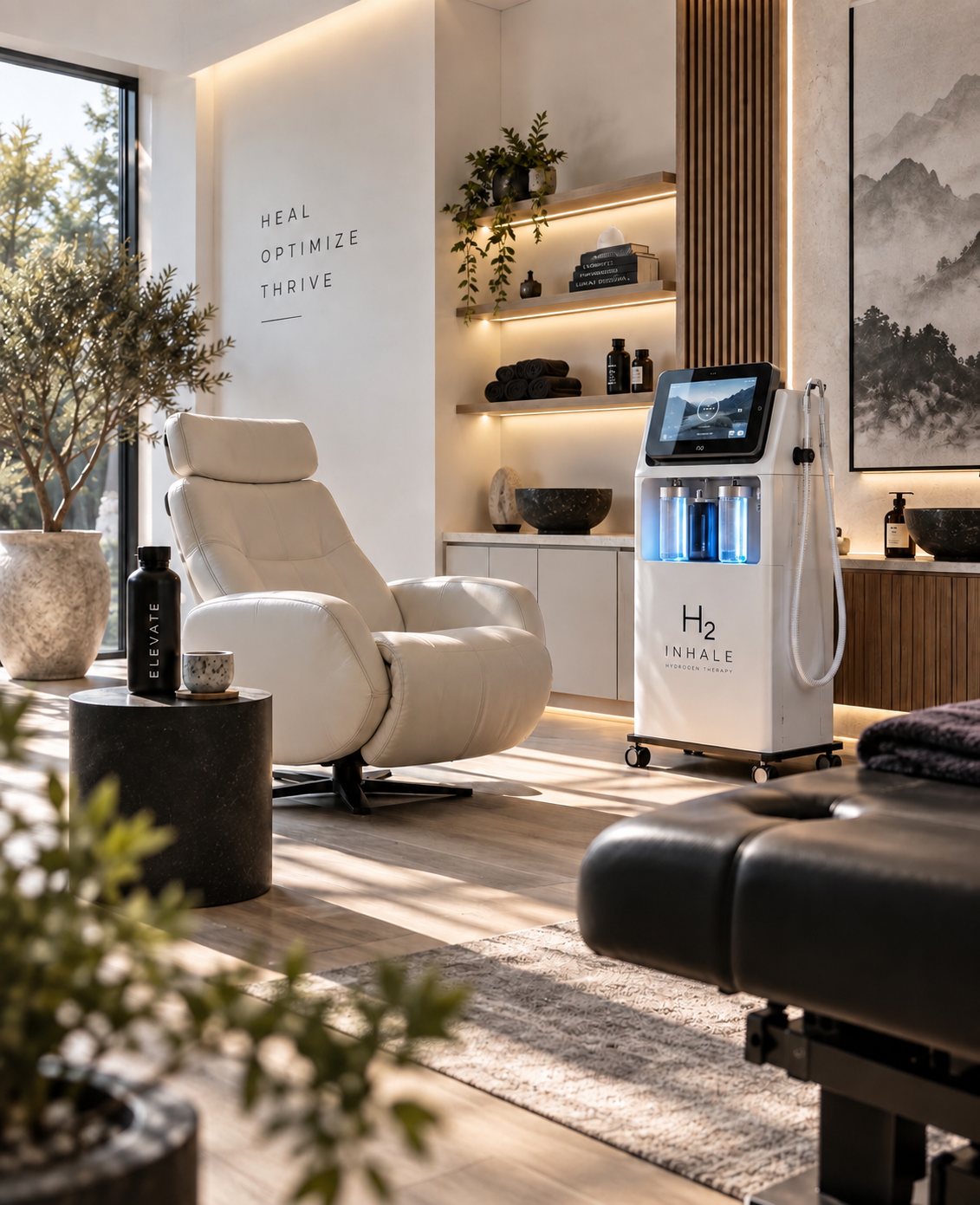 A recovery corner — a cream reclining chair beside a hydrogen inhalation unit with lit canisters, shelves of towels and books, and daylight from a full-height window.