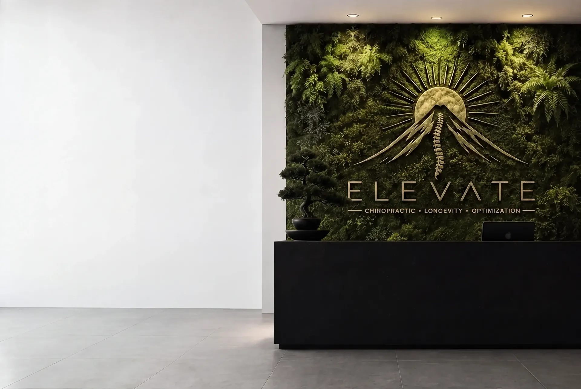 The reception — a black stone desk beneath a full-height living moss wall carrying the Elevate mark.