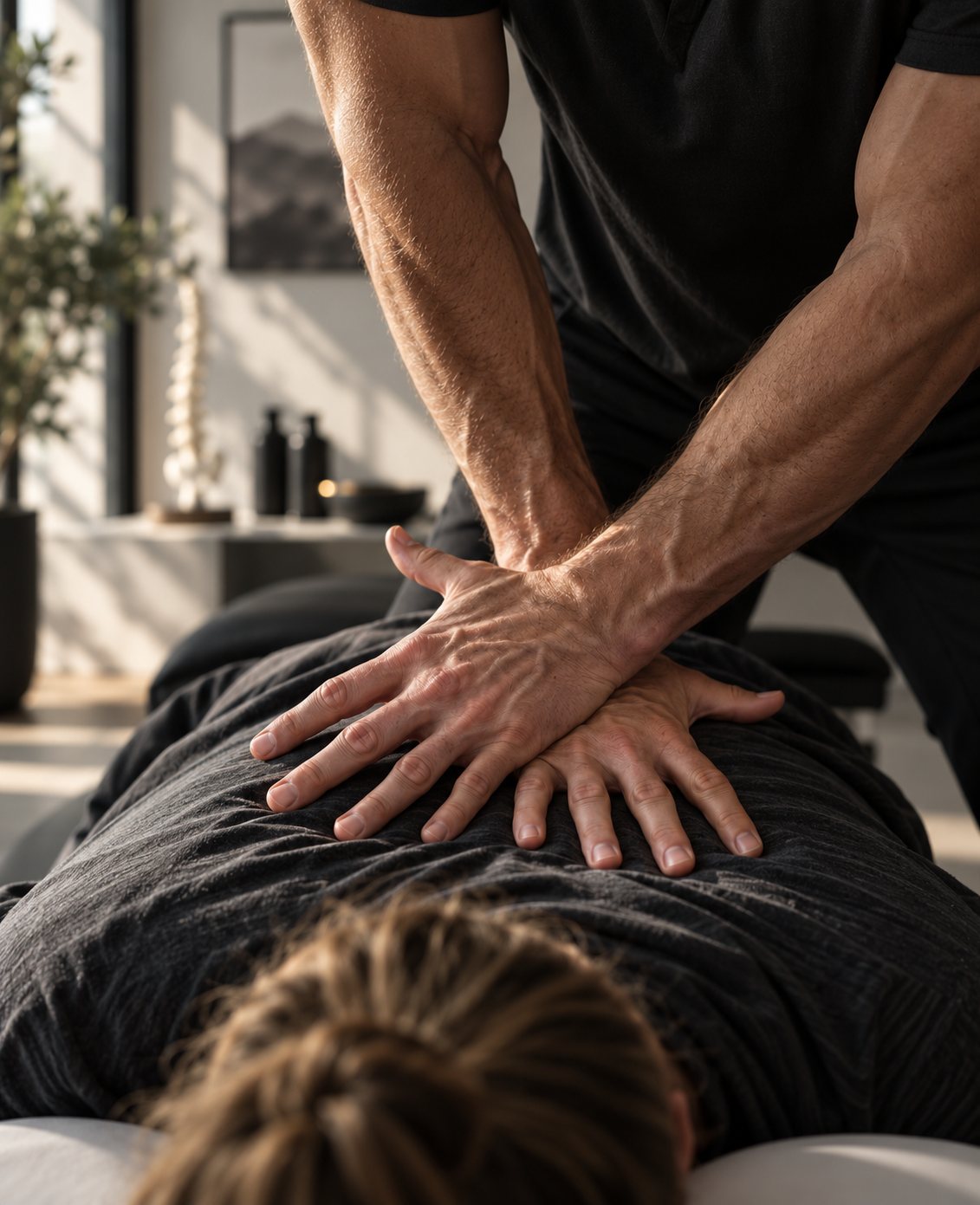 A chiropractor’s hands crossed on a patient’s upper back mid-adjustment, the patient face-down on a treatment table in a sunlit room with a spine model and a plant behind.