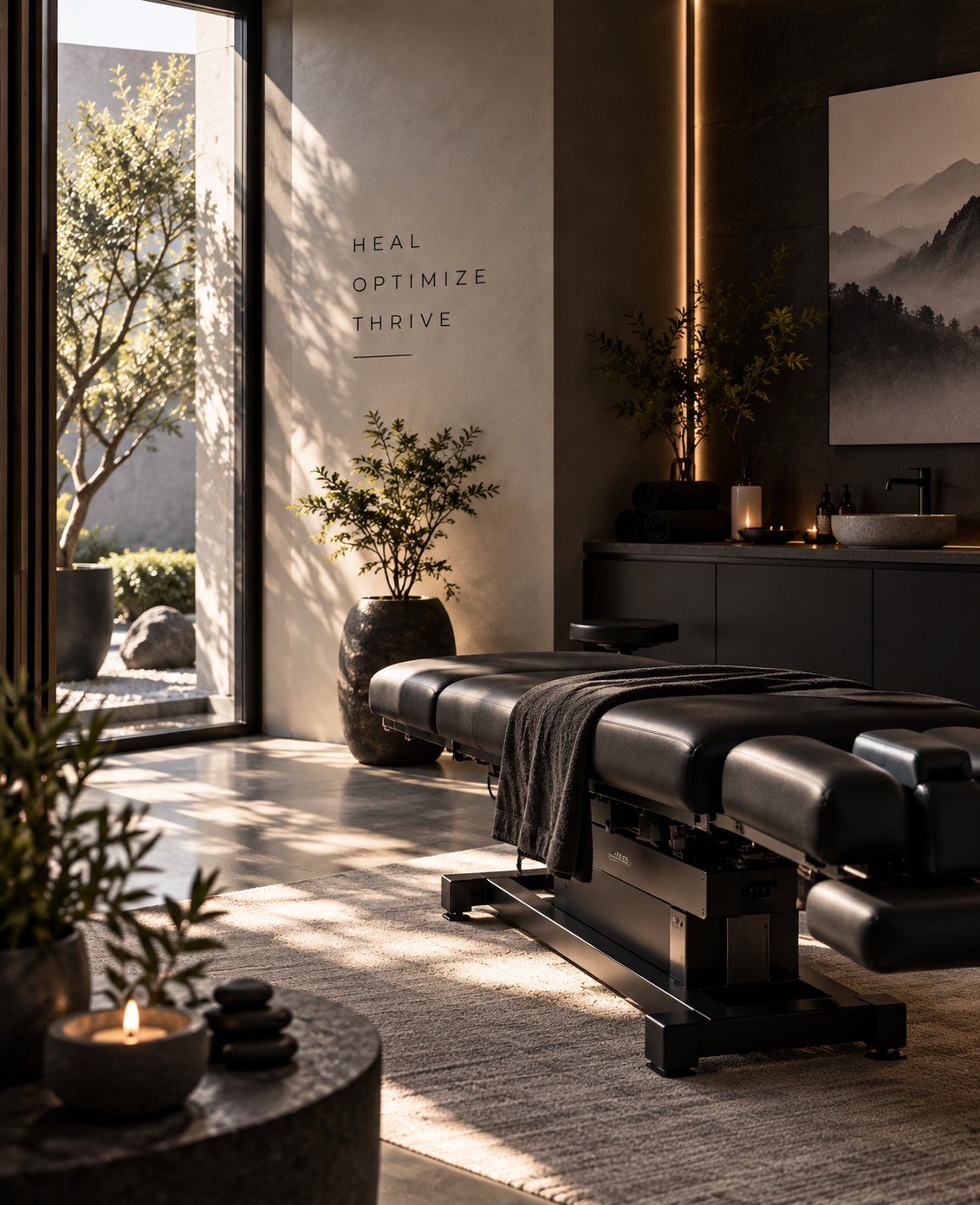 A treatment room in late afternoon light — a black adjustment table with a folded blanket, a potted olive tree, and “Heal Optimize Thrive” lettered on the wall beside a garden window.