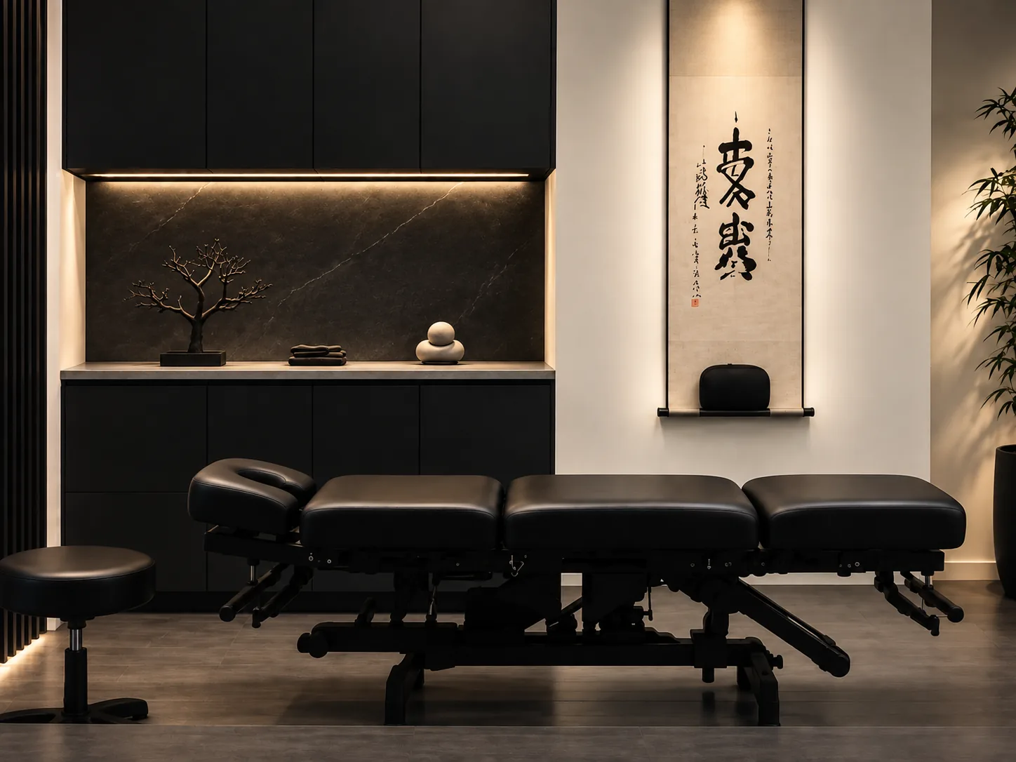 A treatment room — a black adjustment table and stool, dark cabinetry with a bonsai and folded towels under a lit recess, and a hanging calligraphy scroll on the pale wall beside it.